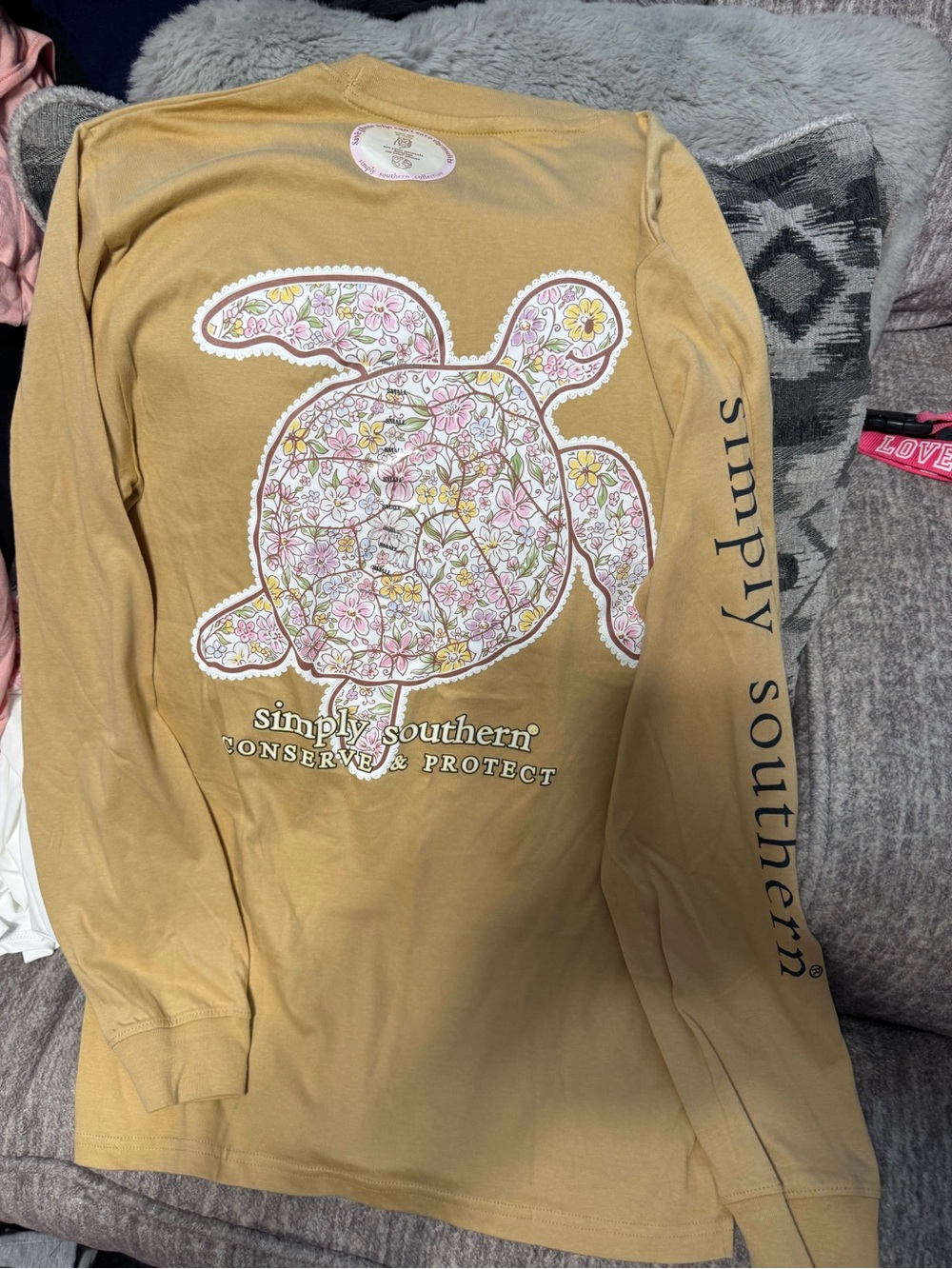 Simply Southern Mustard Long Sleeve Tee with Floral Turtle Graphic